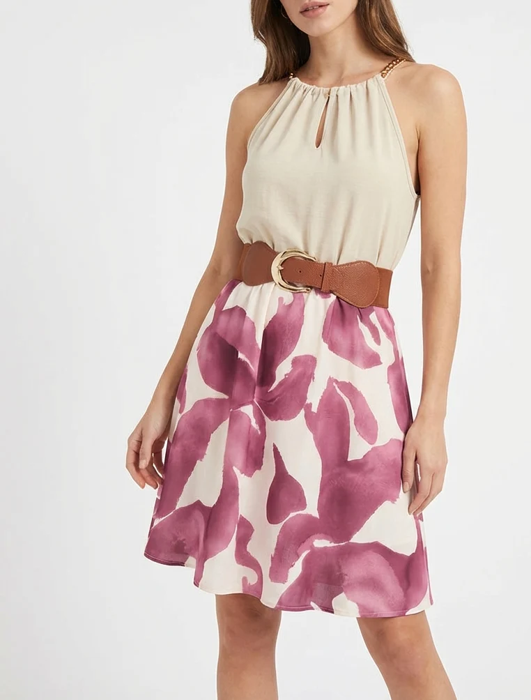 Kleid mit Kettenträgern und grafischem Druck - Lila