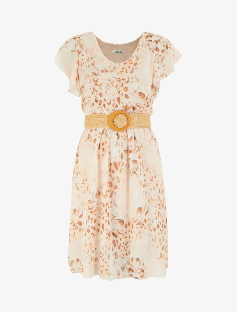 Kleid mit Flügelärmeln im Leoparden- und Blumenmuster. - Kamel