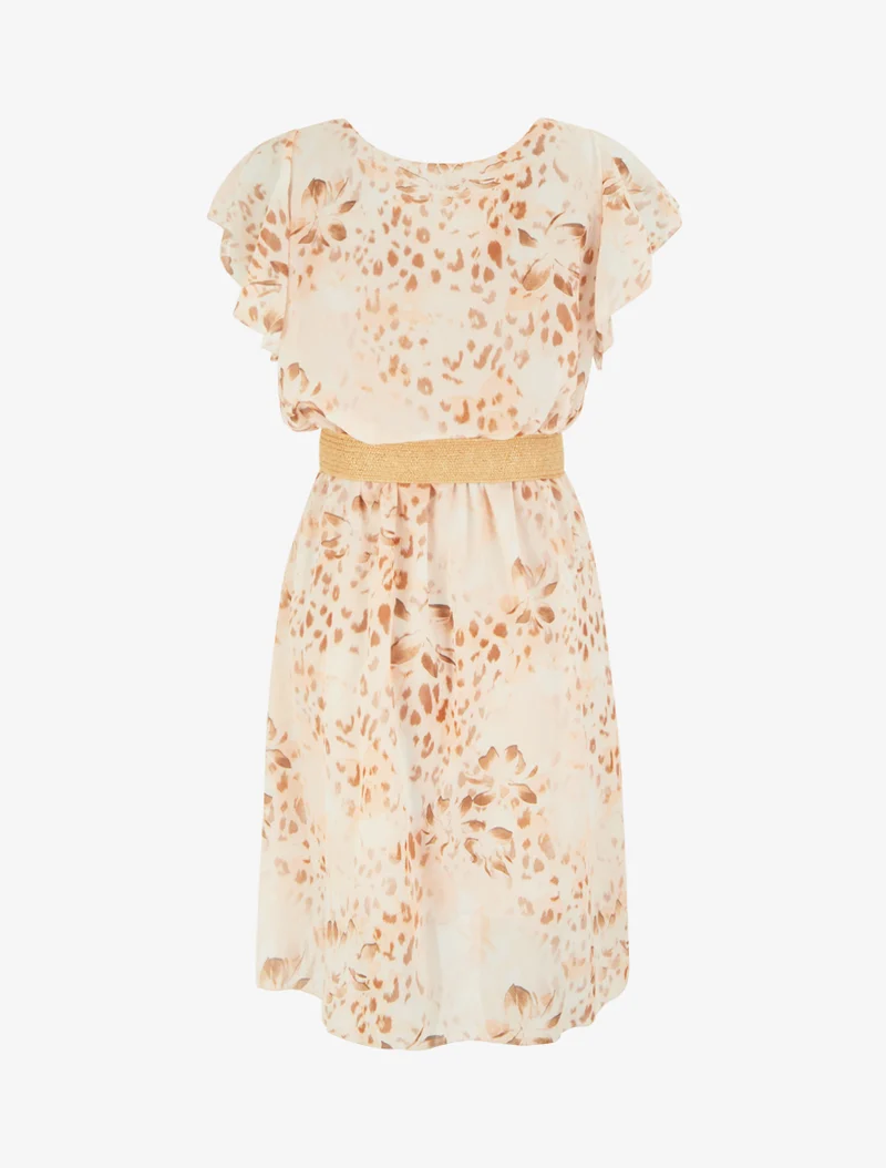 Kleid mit Flügelärmeln im Leoparden- und Blumenmuster. - Kamel