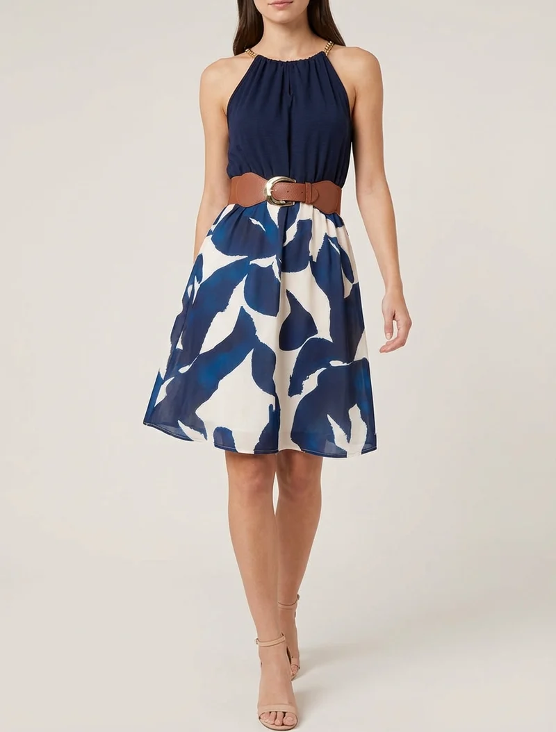 Kleid mit Kettenträgern und grafischem Druck - Marine
