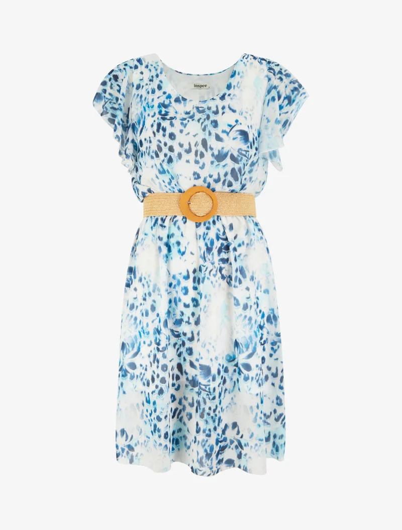 Kleid mit Flügelärmeln im Leoparden- und Blumenmuster. - Marine