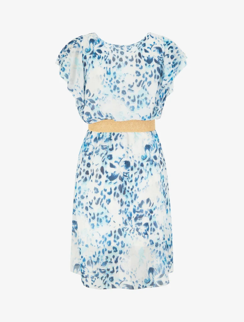 Kleid mit Flügelärmeln im Leoparden- und Blumenmuster. - Marine
