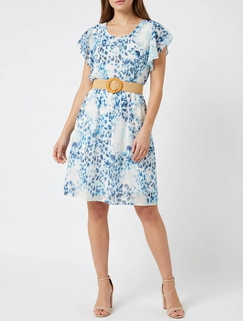 Kleid mit Flügelärmeln im Leoparden- und Blumenmuster. - Marine