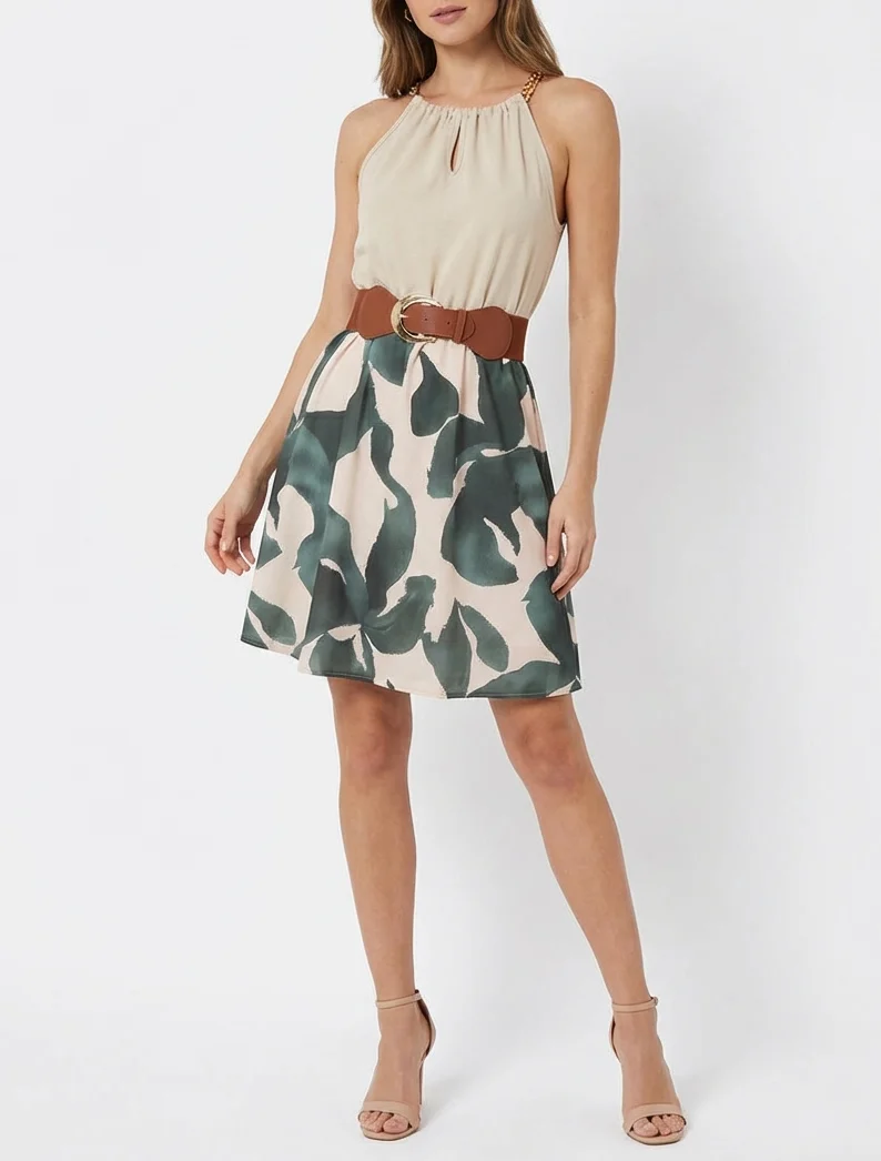 Kleid mit Kettenträgern und grafischem Druck - Dunkelgrün