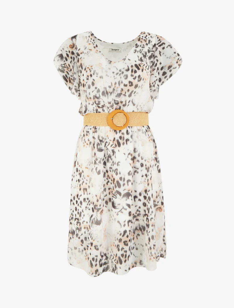 Kleid mit Flügelärmeln im Leoparden- und Blumenmuster. - Schwarz