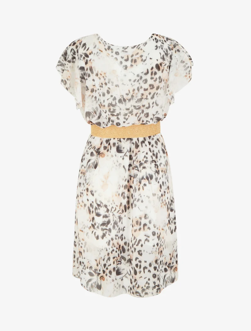 Kleid mit Flügelärmeln im Leoparden- und Blumenmuster. - Schwarz