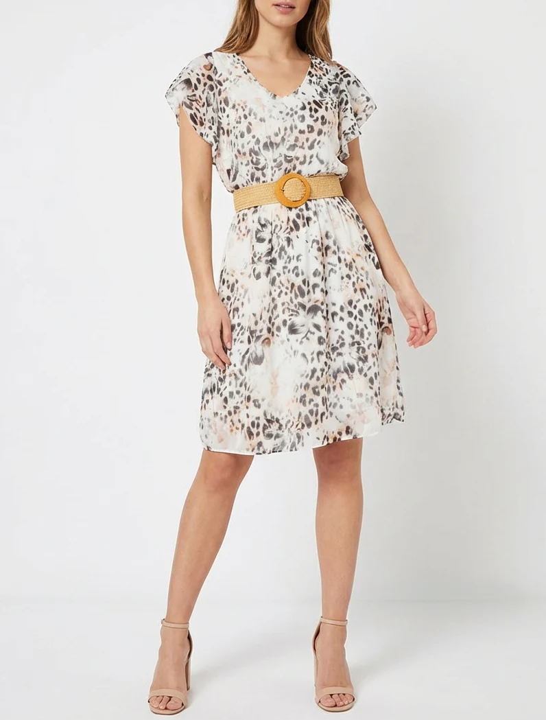 Kleid mit Flügelärmeln im Leoparden- und Blumenmuster. - Schwarz