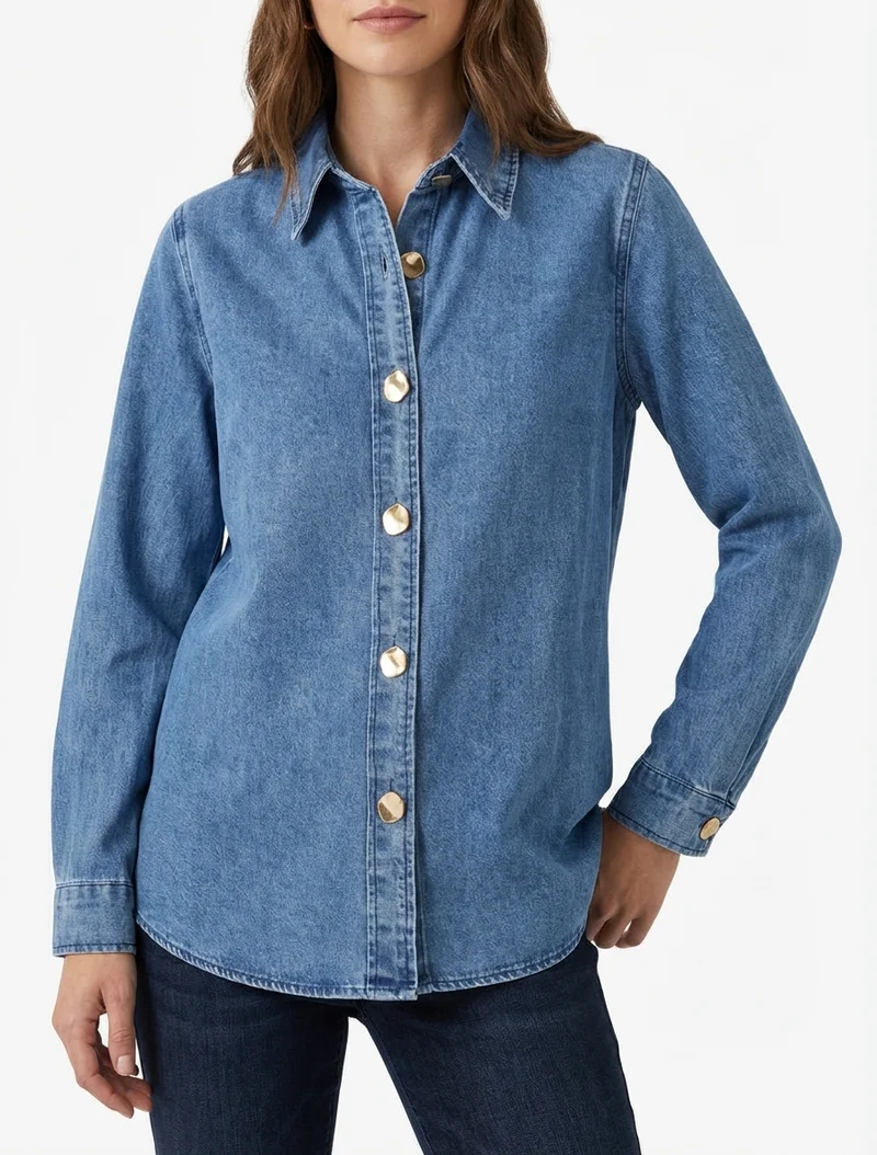 Gerades Jeanshemd mit stilisierten Knöpfen - Blau