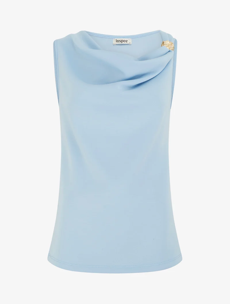 Ärmelloses Top mit Wasserfallausschnitt und Schmuck - Himmelblau