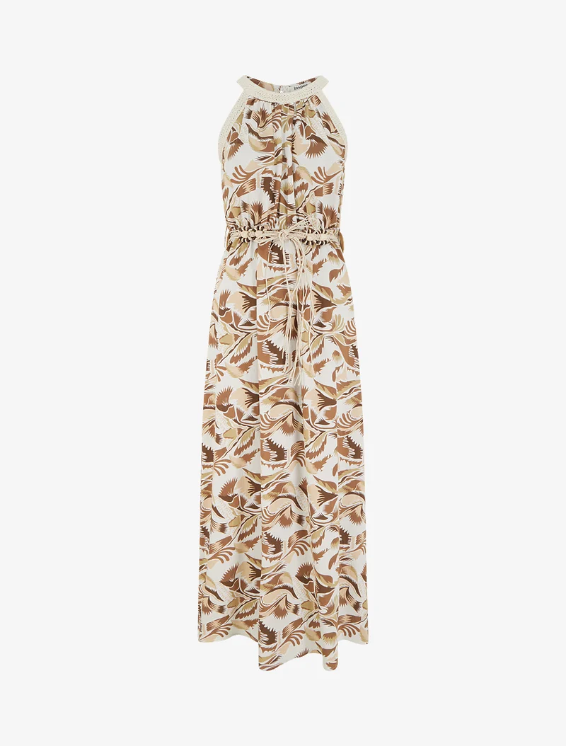 Langes Kleid mit amerikanischem Kragen und Fantasiemuster - Braun