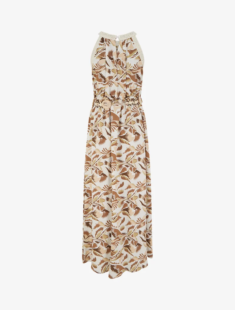 Langes Kleid mit amerikanischem Kragen und Fantasiemuster - Braun