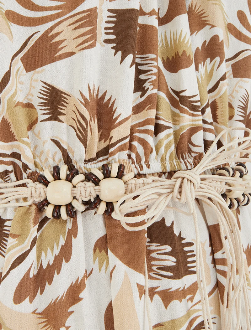 Langes Kleid mit amerikanischem Kragen und Fantasiemuster - Braun
