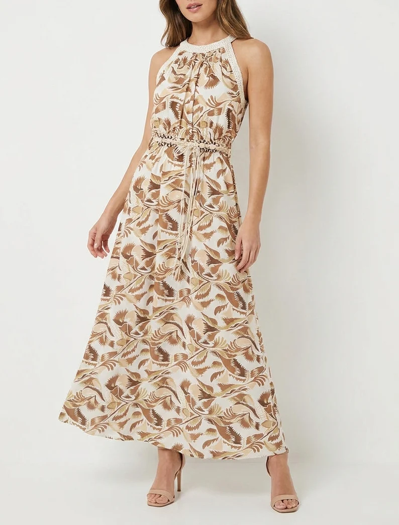 Langes Kleid mit amerikanischem Kragen und Fantasiemuster - Braun