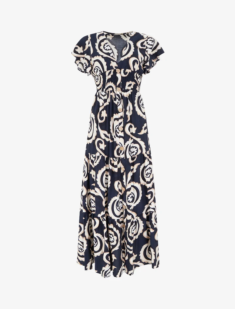 Langes Kleid mit kurzen Ärmeln und stilisiertem Paisley-Print - Marine