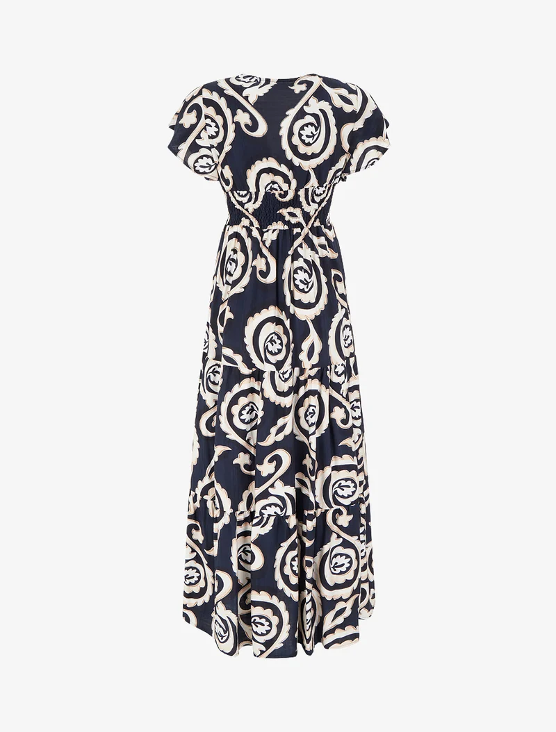 Langes Kleid mit kurzen Ärmeln und stilisiertem Paisley-Print - Marine