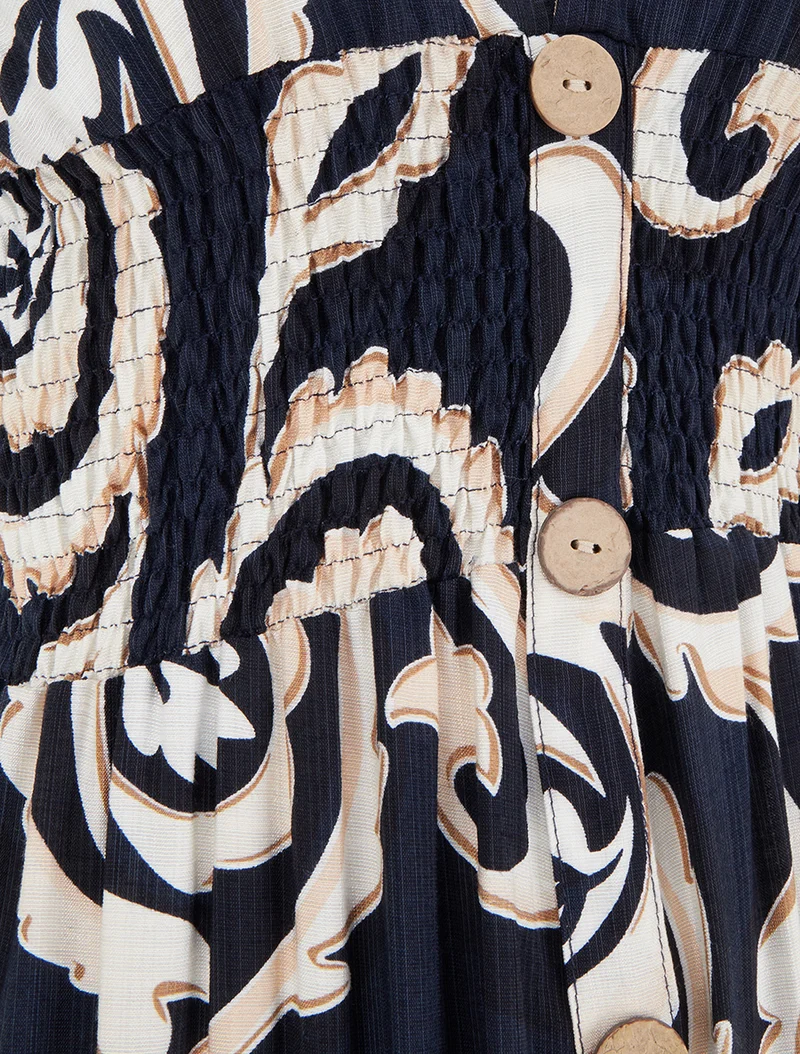 Langes Kleid mit kurzen Ärmeln und stilisiertem Paisley-Print - Marine