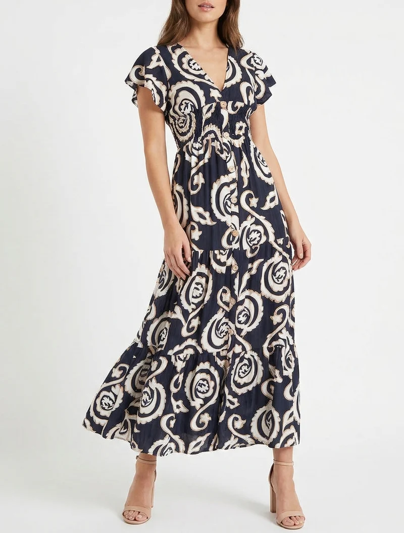 Langes Kleid mit kurzen Ärmeln und stilisiertem Paisley-Print - Marine