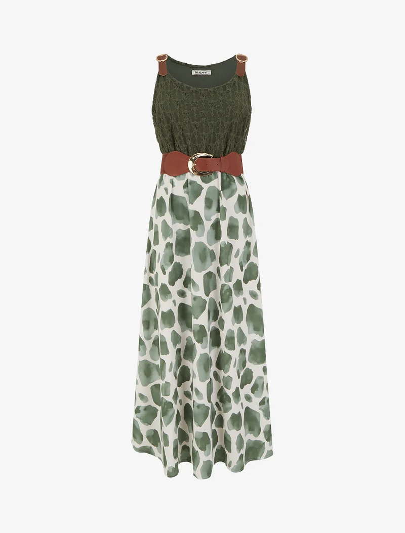 Langes Kleid mit Giraffenmuster und Trägern in Lederoptik. - Kaki