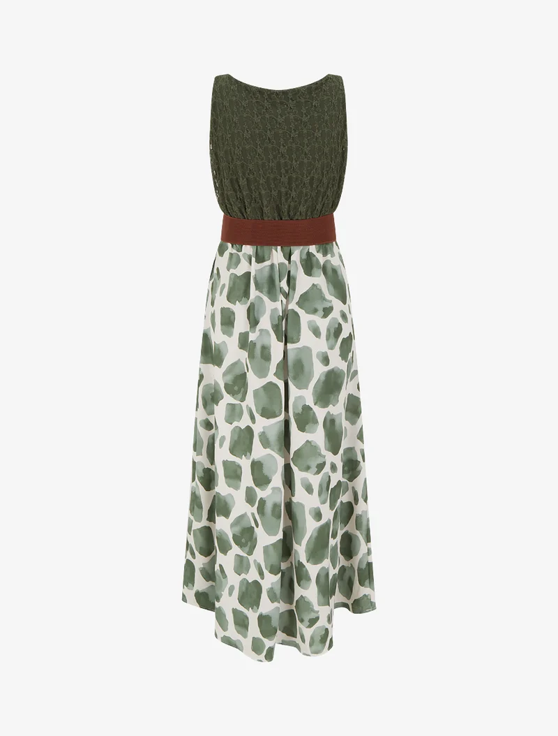 Langes Kleid mit Giraffenmuster und Trägern in Lederoptik. - Kaki