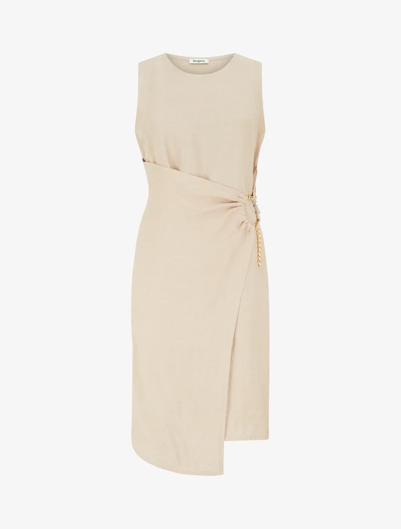 Langes einfarbiges Kleid mit Kettendetail - Beige