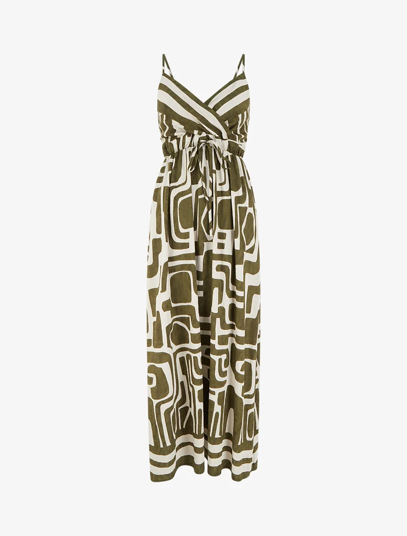 Langes Kleid mit grafischem Druck - Kaki