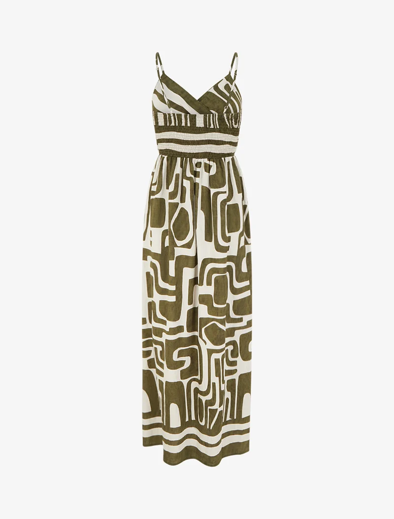 Langes Kleid mit grafischem Druck - Kaki