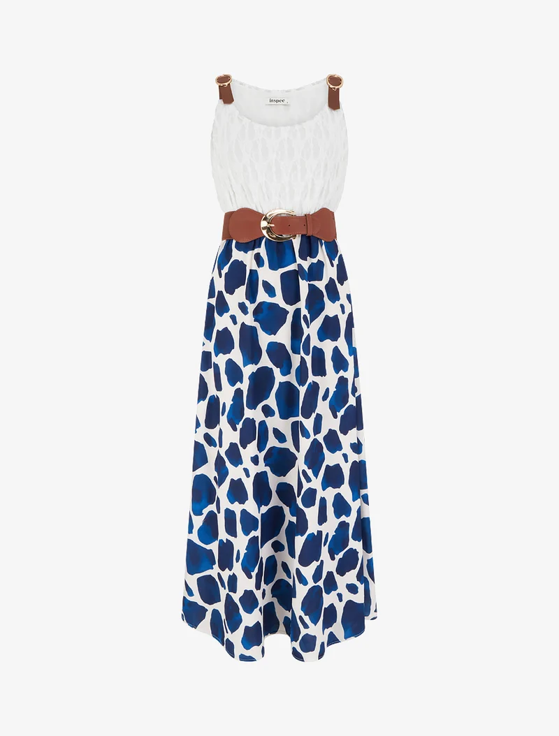 Langes Kleid mit Giraffenmuster und Trägern in Lederoptik. - Marine