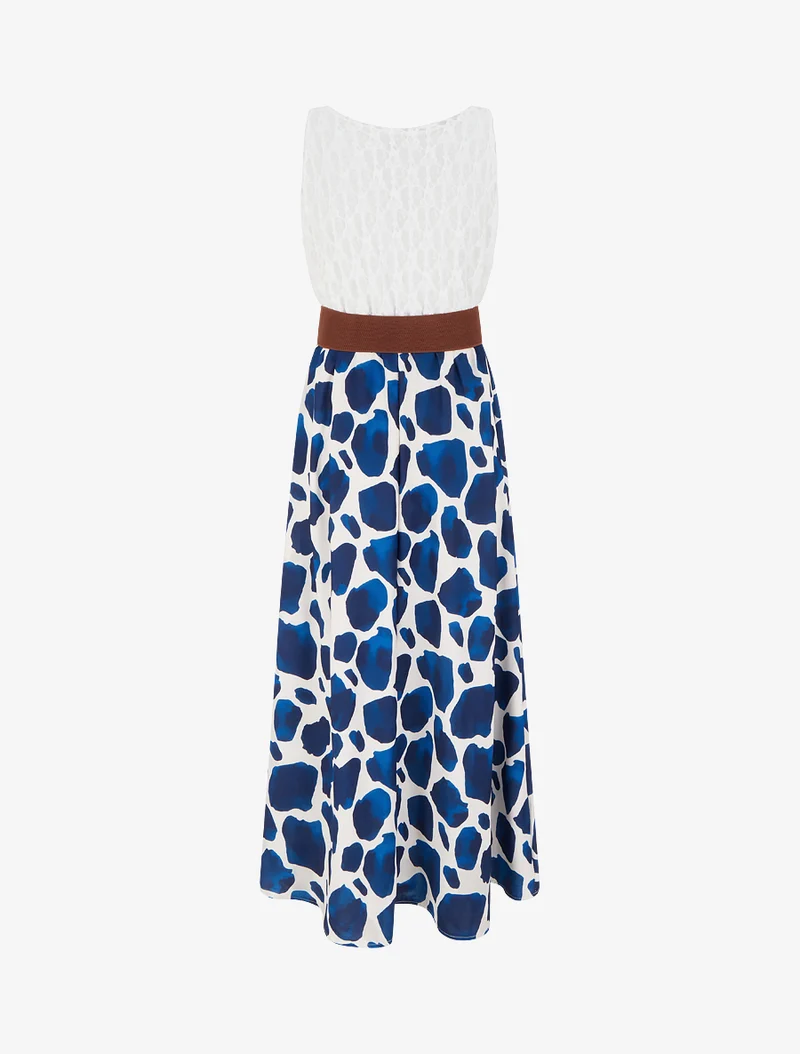 Langes Kleid mit Giraffenmuster und Trägern in Lederoptik. - Marine