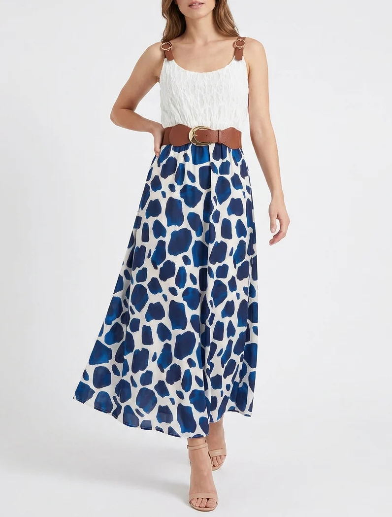 Langes Kleid mit Giraffenmuster und Trägern in Lederoptik. - Marine