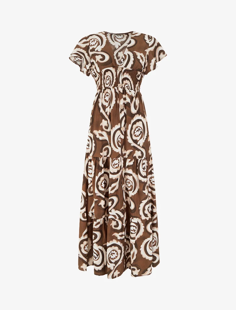 Langes Kleid mit kurzen Ärmeln und stilisiertem Paisley-Print - Braun