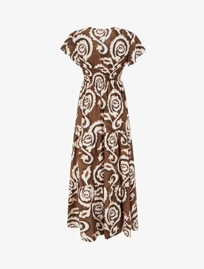 Langes Kleid mit kurzen Ärmeln und stilisiertem Paisley-Print - Braun
