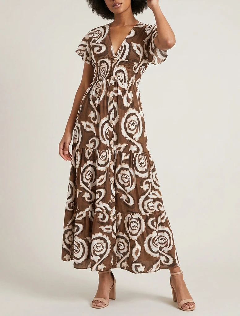 Langes Kleid mit kurzen Ärmeln und stilisiertem Paisley-Print - Braun