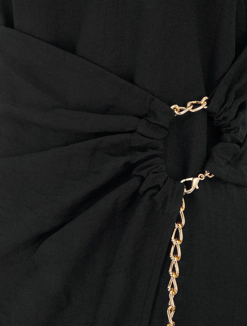 Langes einfarbiges Kleid mit Kettendetail - Schwarz
