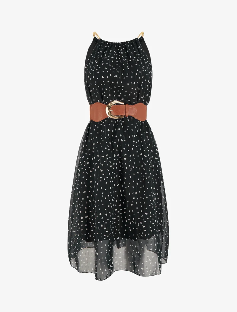 Kleid mit Kettenträgern und gesprenkeltem Druck - Schwarz