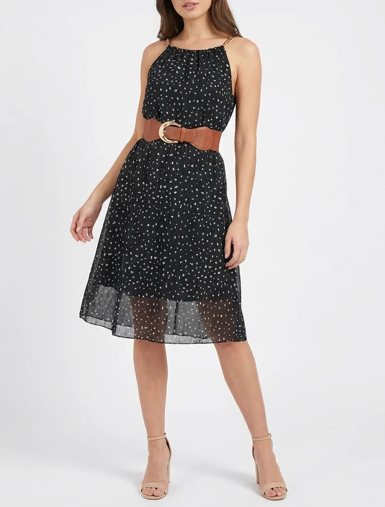 Kleid mit Kettenträgern und gesprenkeltem Druck - Schwarz