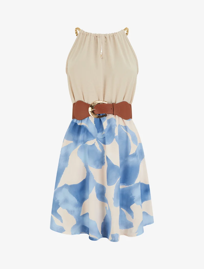 Kleid mit Kettenträgern und grafischem Druck - Himmelblau