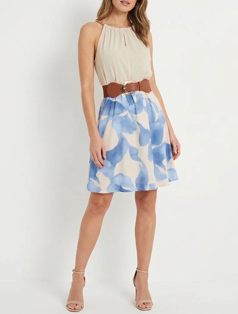 Kleid mit Kettenträgern und grafischem Druck - Himmelblau
