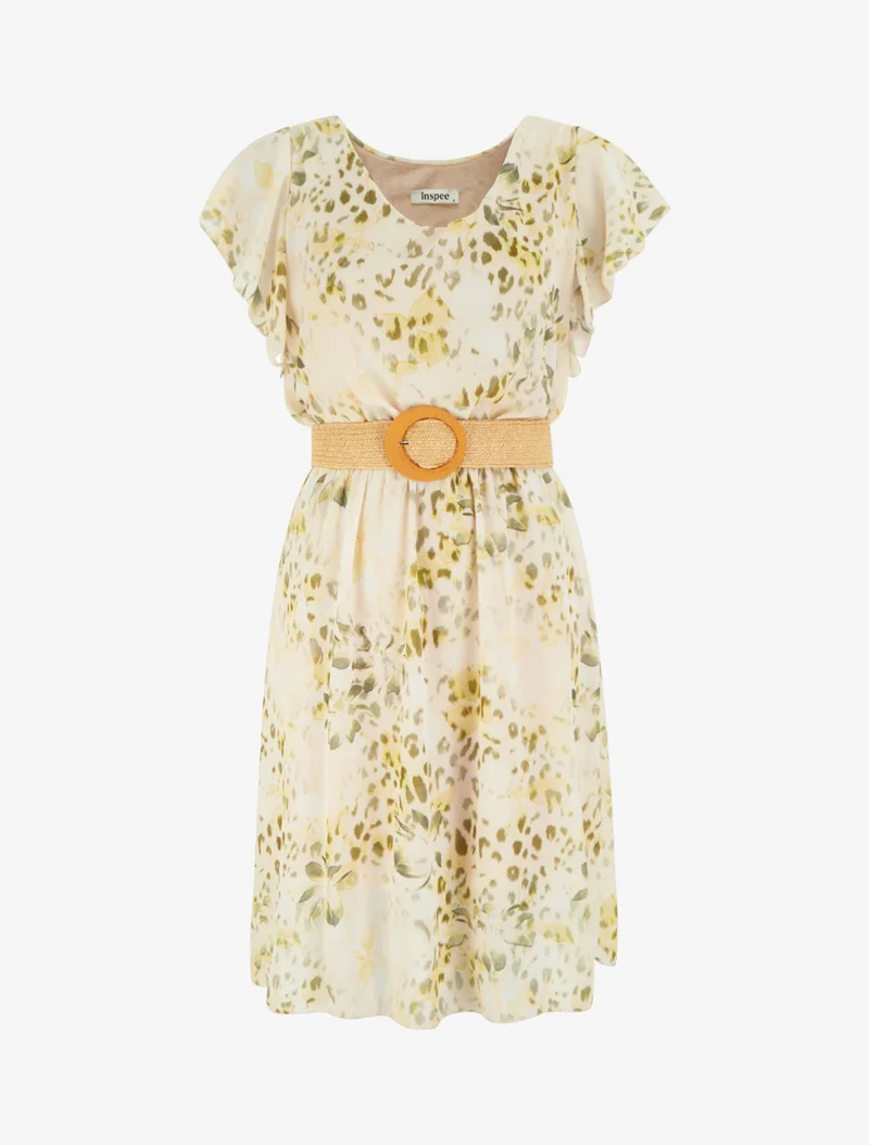 Kleid mit Flügelärmeln im Leoparden- und Blumenmuster. - Kaki