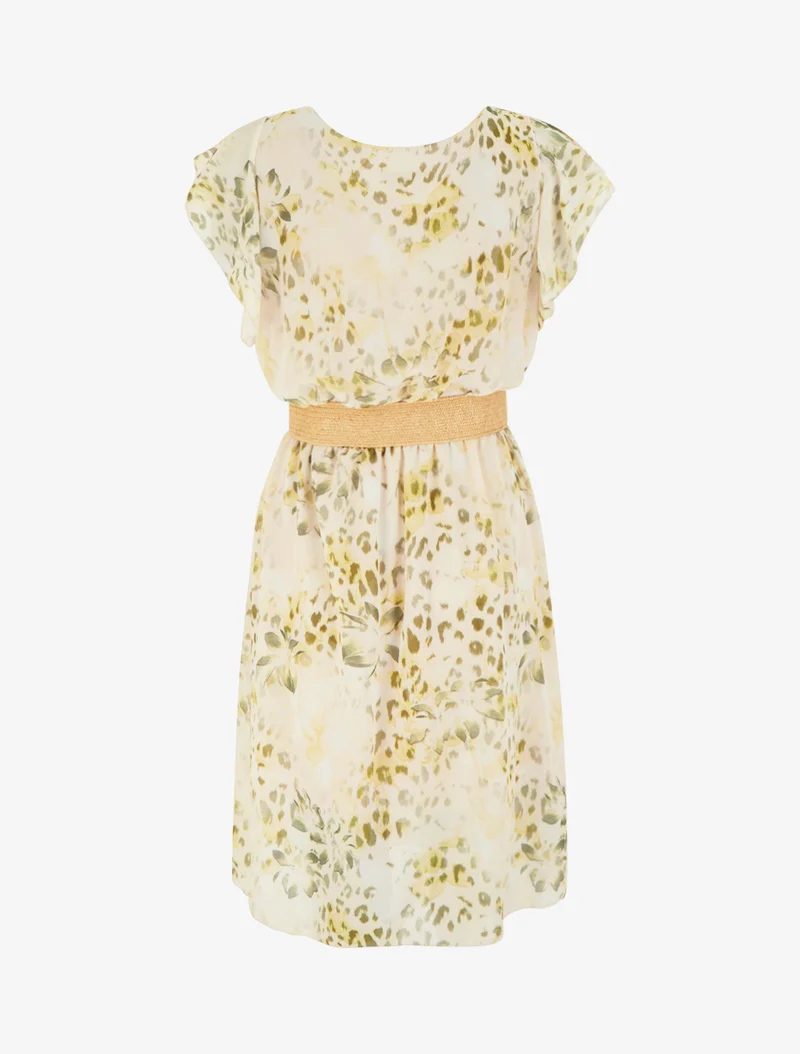 Kleid mit Flügelärmeln im Leoparden- und Blumenmuster. - Kaki