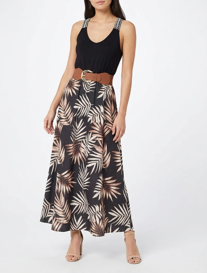 Langes Kleid mit Blätterdruck - Schwarz