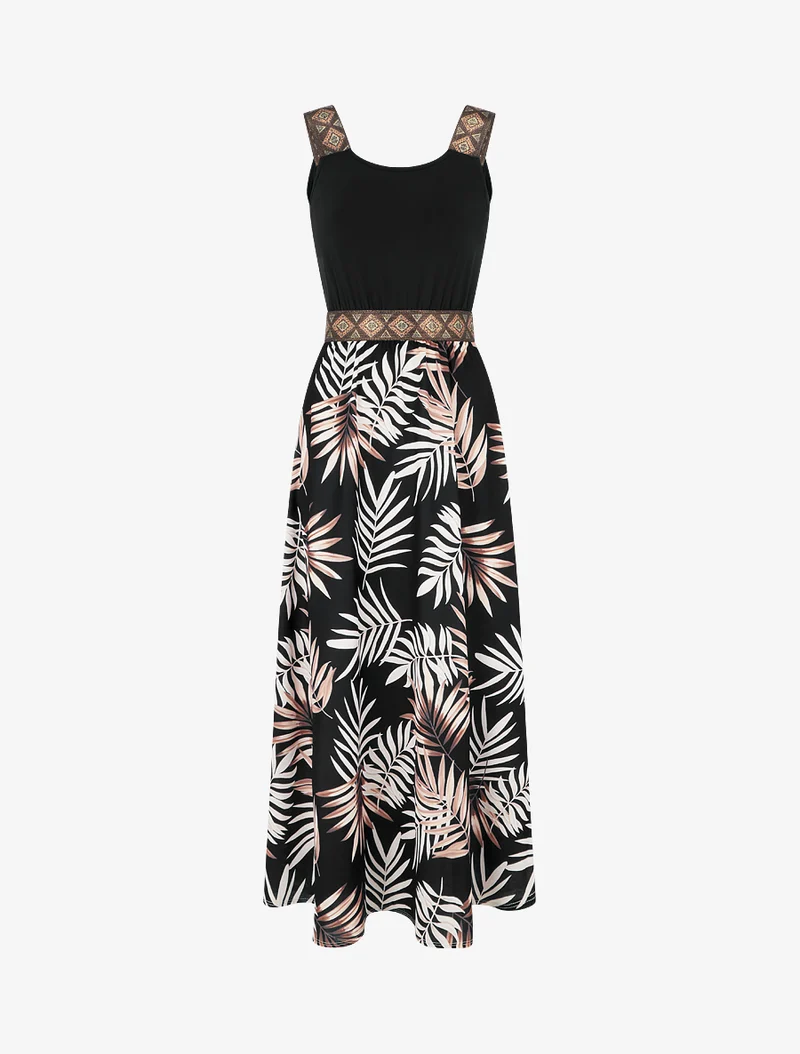 Kleid mit Blattdruck und stilisierten Trägern - Schwarz