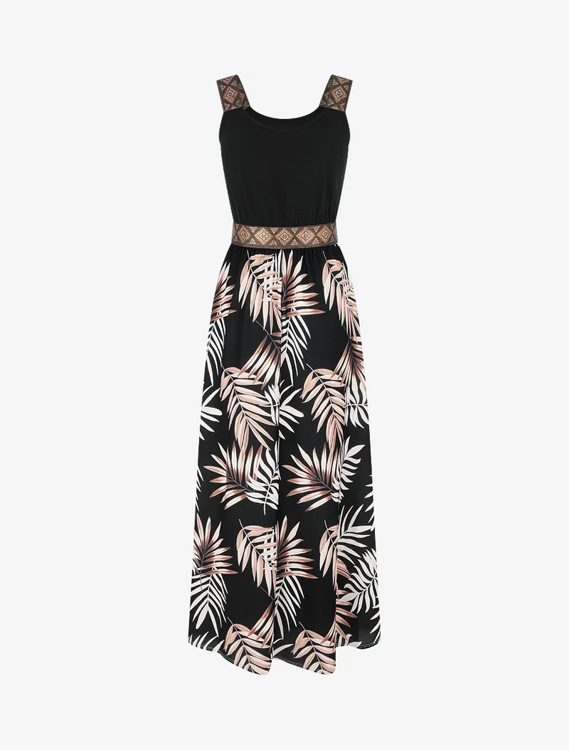 Kleid mit Blattdruck und stilisierten Trägern - Schwarz