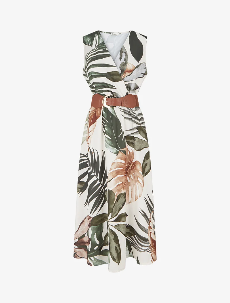 Ärmelloses Kleid mit Blattdruck - Kaki