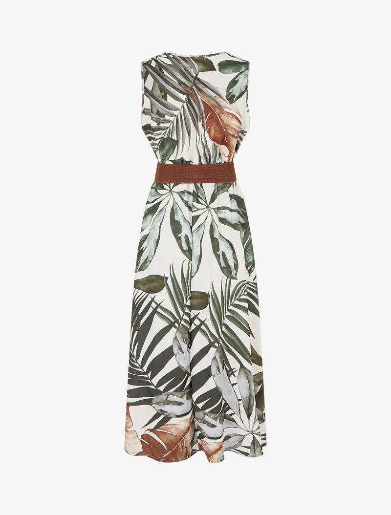 Ärmelloses Kleid mit Blattdruck - Kaki