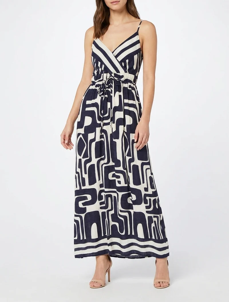 Langes Kleid mit grafischem Druck - Marine