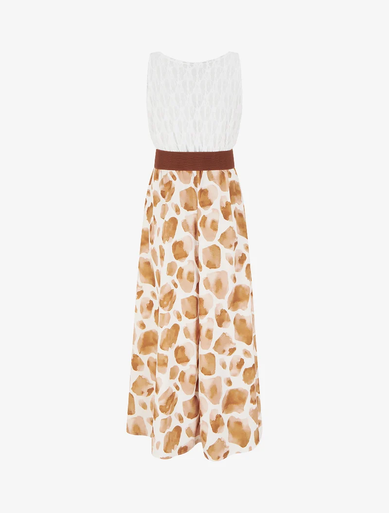 Langes Kleid mit Giraffenmuster und Trägern in Lederoptik. - Braun