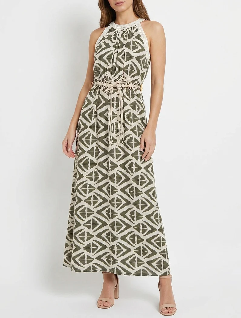 Langes Kleid mit amerikanischem Kragen und grafischem Druck. - Kaki
