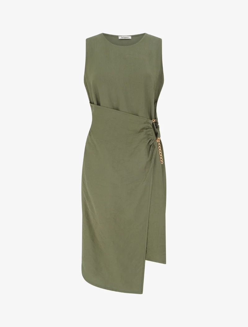 Langes einfarbiges Kleid mit Kettendetail - Kaki
