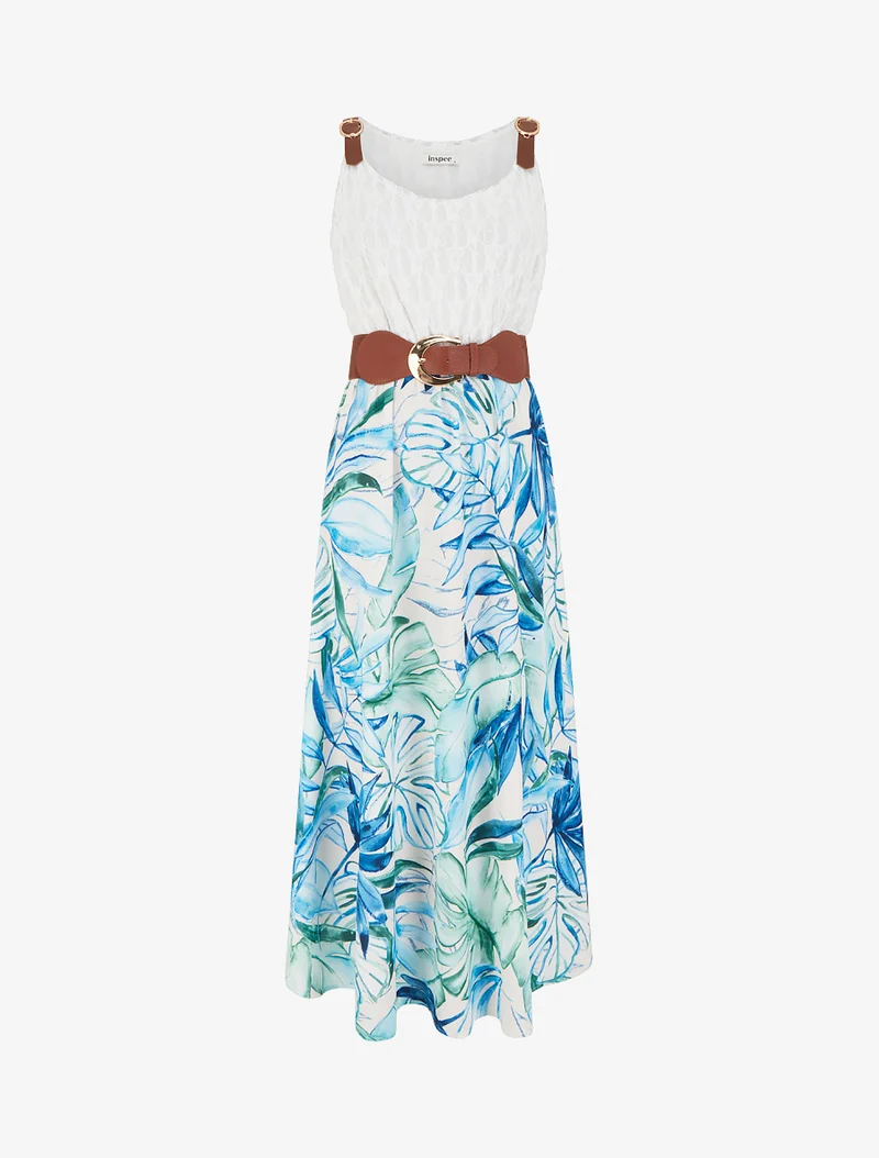 Langes Kleid mit tropischem Print und Kunstträgern - Blau