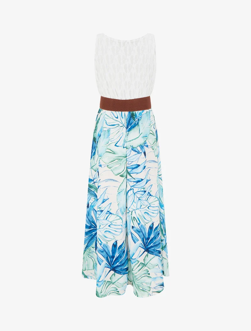 Langes Kleid mit tropischem Print und Kunstträgern - Blau